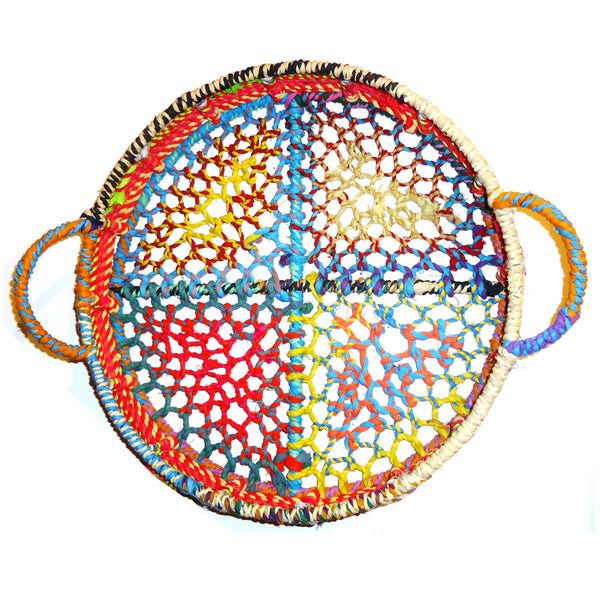 Large round tray featuring 3 1/2" deep sides woven in multi-colored jute with handles available at Cerulean Arts.