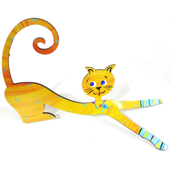 Hand painted steel sculpture of a whimsical downward cat in sunset orange available at Cerulean Arts.