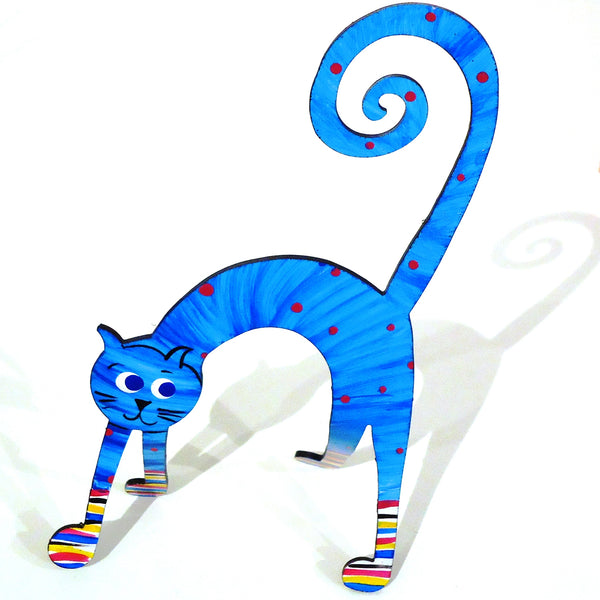 Hand painted steel sculpture of a whimsical cat with arched back in turquoise blue available at Cerulean Arts.