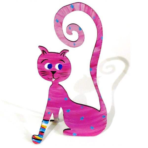 Hand painted steel sculpture of a whimsical sitting cat in polka dot pink available at Cerulean Arts.