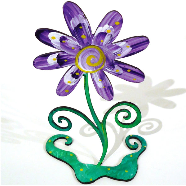 Hand painted steel sculpture of a whimsical purple flower available at Cerulean Arts. 