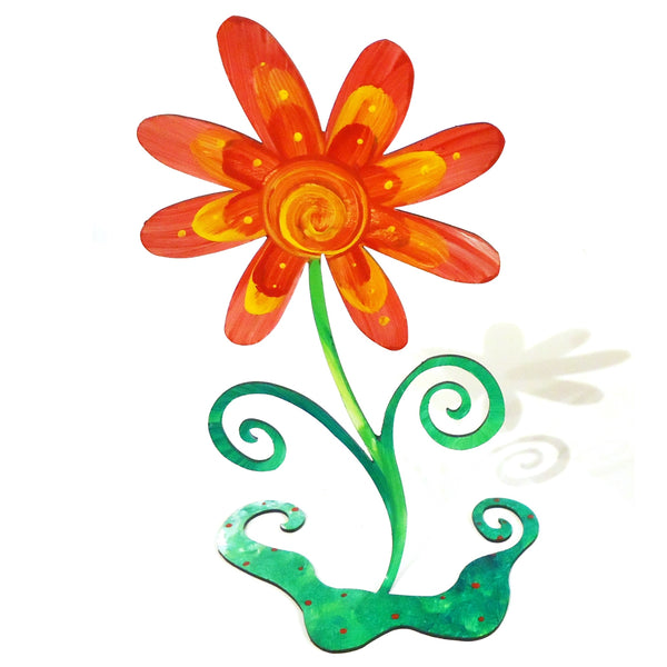 Hand painted steel sculpture of a whimsical red flower available at Cerulean Arts.  