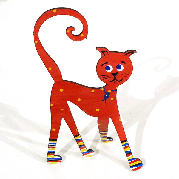 Hand painted steel sculpture of a whimsical standing cat in umbrella red available at Cerulean Arts. Curled tail of sculpture can serve as a photo or business card holder.