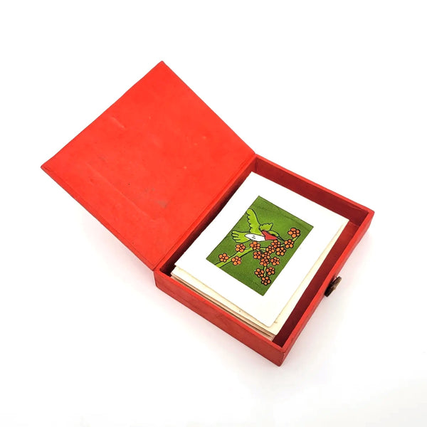 Batik paper box with set of six mini notecards featuring a hummingbird design.