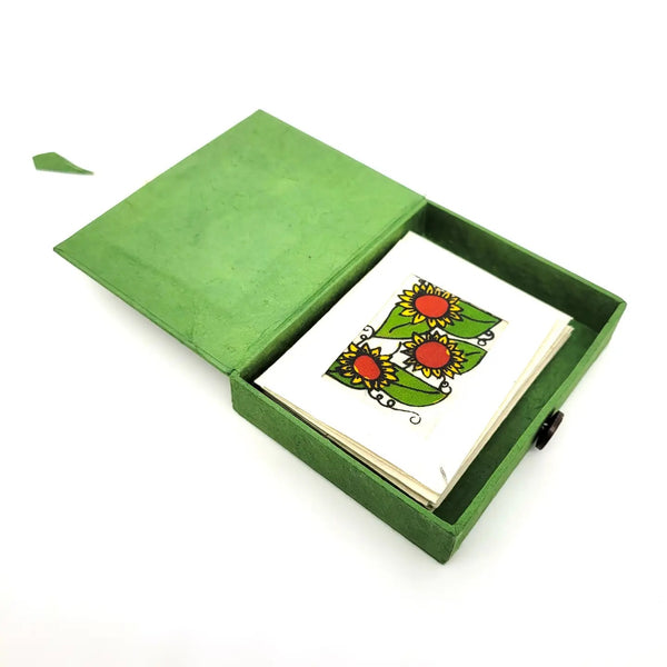 Batik paper box with set of six mini notecards featuring a sunflower design.