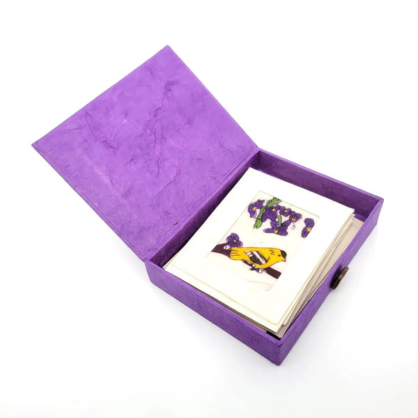 Batik paper box with set of six mini notecards featuring a goldfinch on a flowering branch design. 