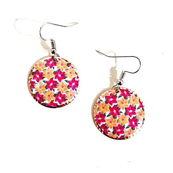 Floral patterned earrings in pink and yellow