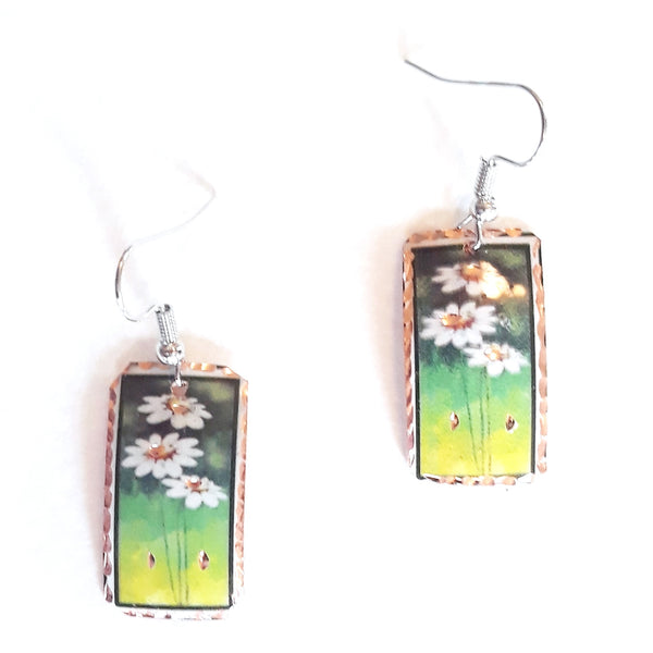 Etched copper floral earrings with daisy design available at Cerulean Arts. 