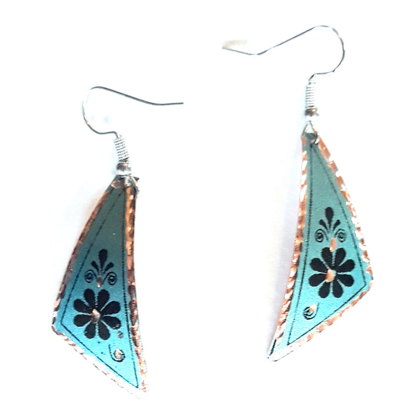 Etched copper floral earrings with blue triangle design available at Cerulean Arts. 