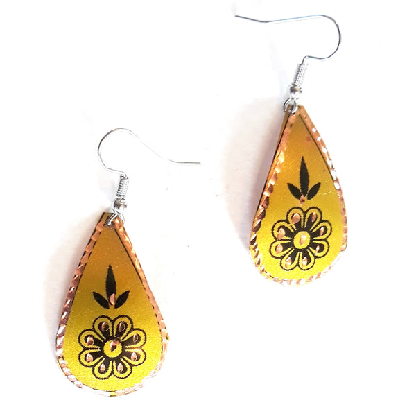 Etched copper floral earrings with chartreuse teardrop design available at Cerulean Arts. 