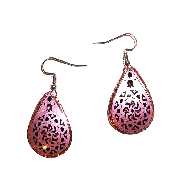 Etched Copper Floral Earrings - Rose Teardrops
