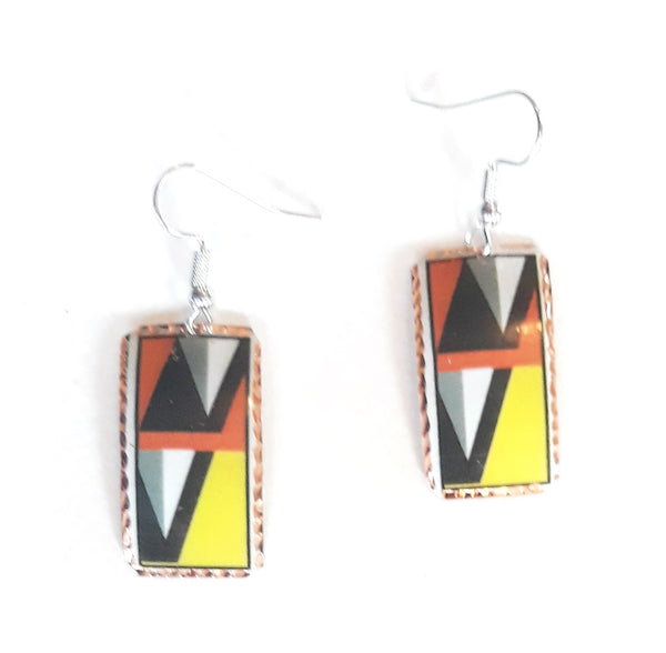 Etched copper geometric earrings with orange & yellow rectangle design available at Cerulean Arts.  