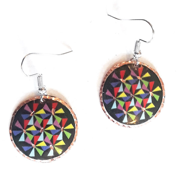 Etched copper geometric earrings with multicolor circles design available at Cerulean Arts. 