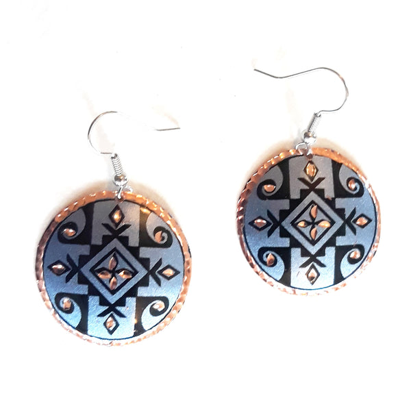 Etched copper geometric earrings with periwinkle large circle design available at Cerulean Arts.