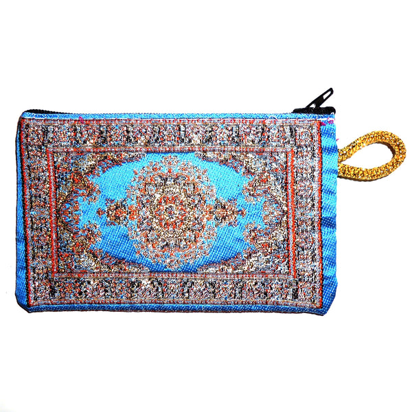 Fabric coin purse with Turkish design in shades of turquoise, available at Cerulean Arts. 