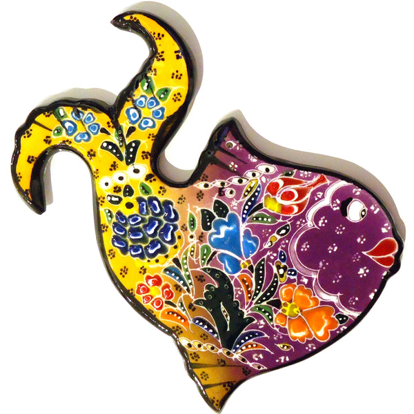 Fish-shaped ceramic trivet / hot pad with colorful glazed pattern, available at Cerulean Arts.  