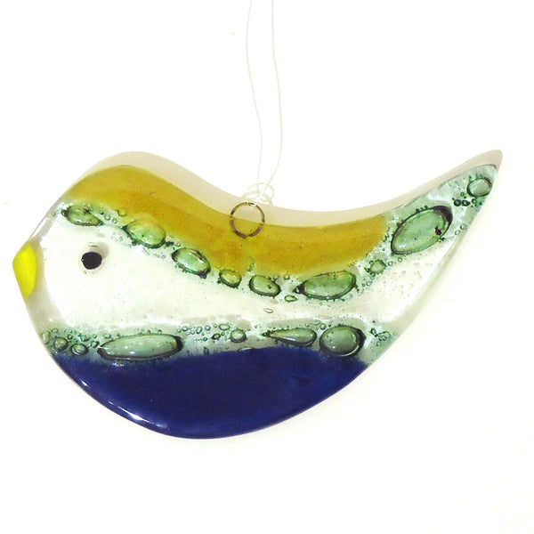Fused glass bird suncatcher in yellow and blue, available at Cerulean Arts.