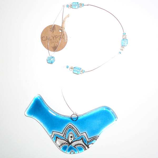 Fused glass bird suncatcher in blue with beaded string, available at Cerulean Arts.
