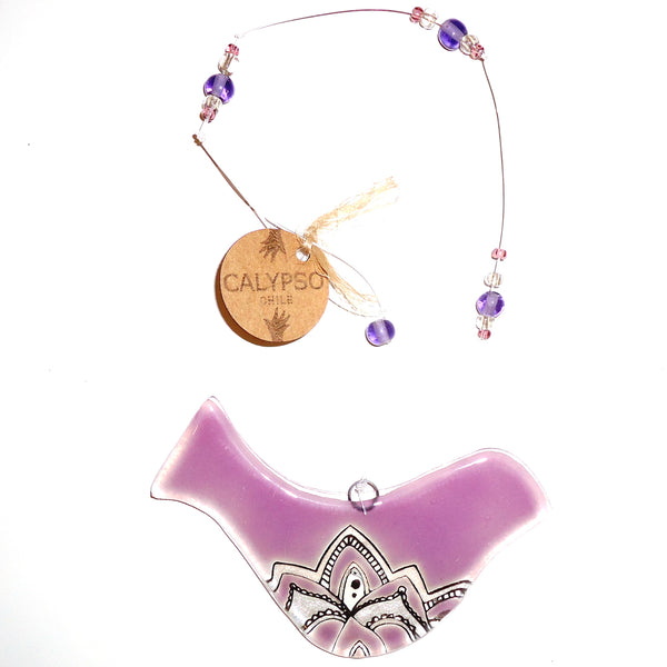 Fused glass bird suncatcher in pink with beaded string, available at Cerulean Arts.