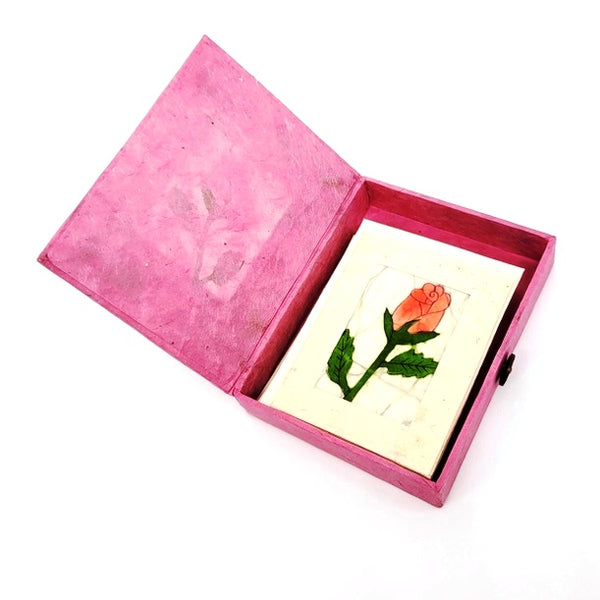 Batik paper box with set of six mini notecards featuring a pink rose bud design.