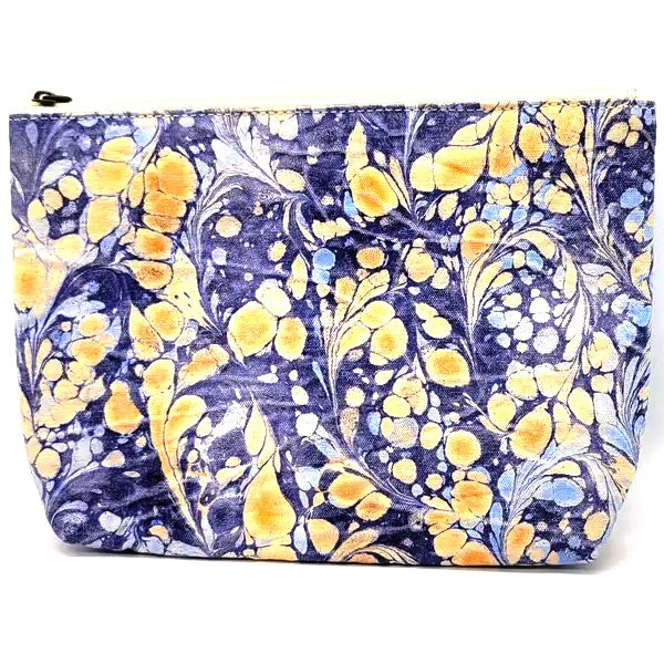 Floral patterned pouch with blue and tan colors