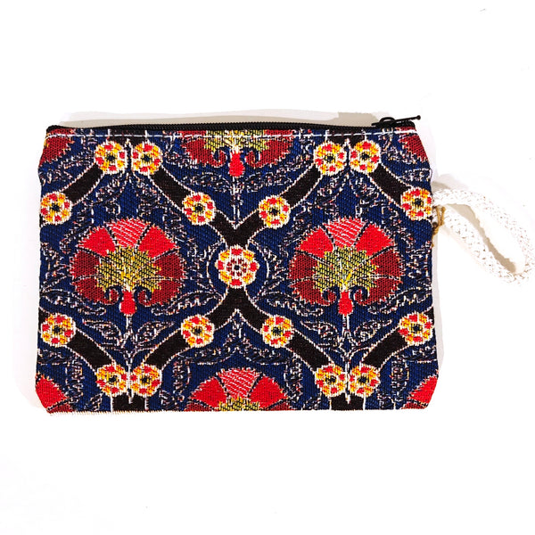 Cotton pouch with red and blue tapestry pattern