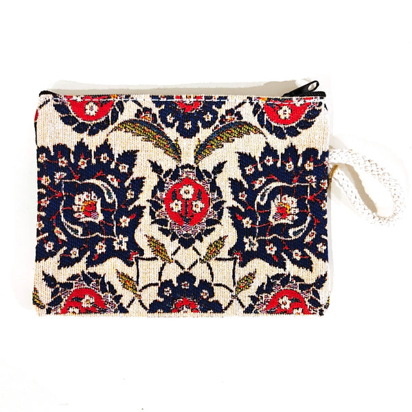 Cotton pouch with cream and blue tapestry pattern