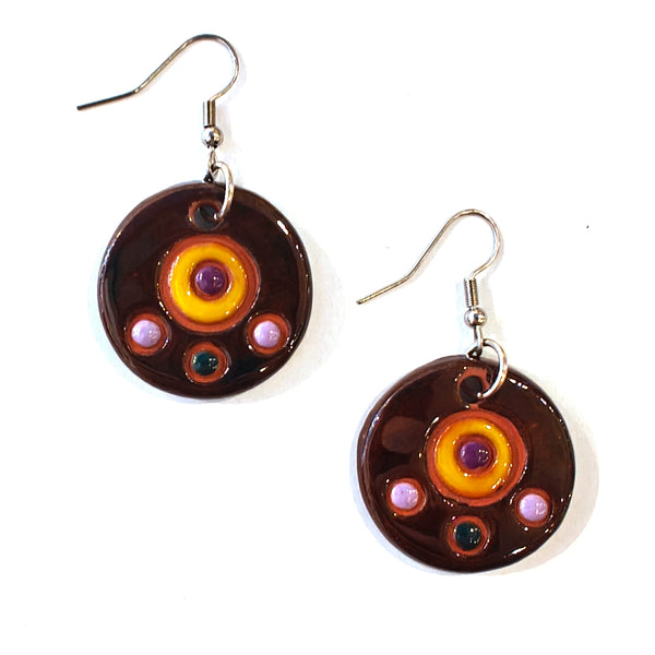 Ceramic Dangle Earrings - Brown & Yellow