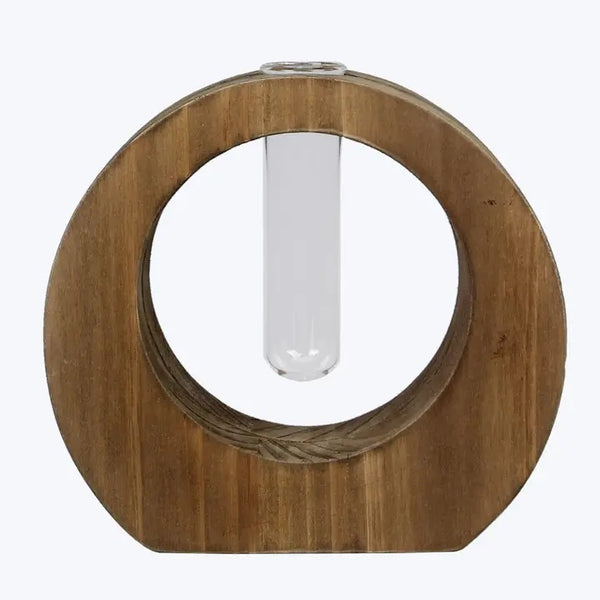 Rustic wood circular stand with glass tube vase available at Cerulean Arts.