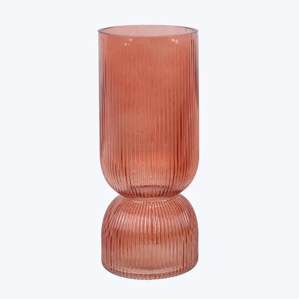 Handblown ribbed glass vase in coral color available at Cerulean Arts.