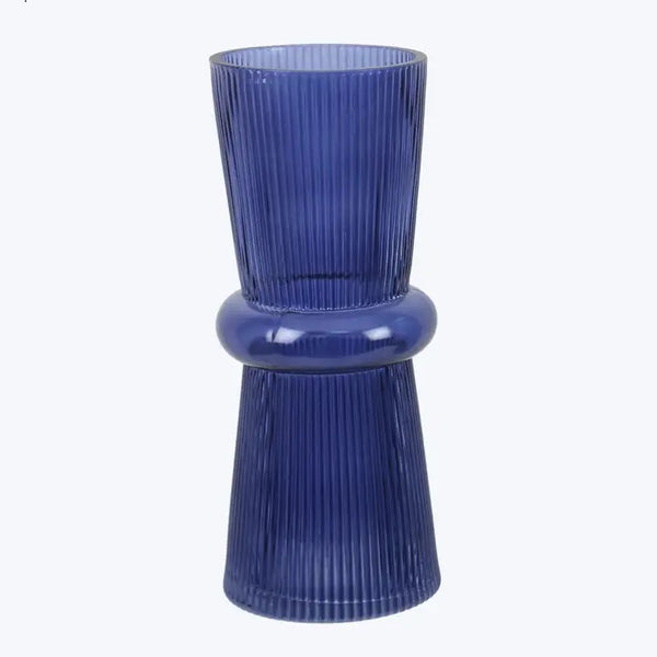 Handblown ribbed glass vase in blue available at Cerulean Arts.