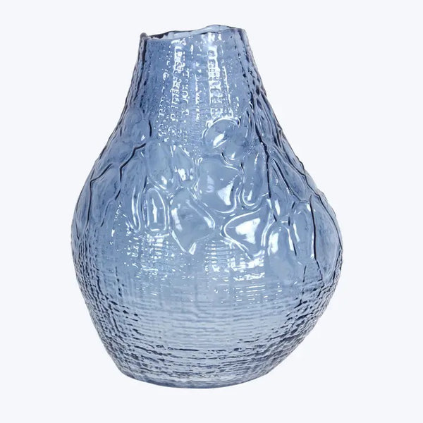 Handblown blue embossed glass vase with asymmetrical shape, available at Cerulean Arts.