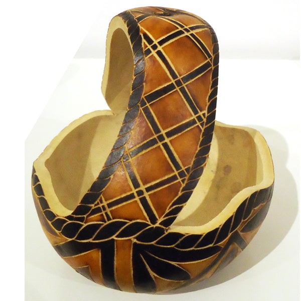 Carved gourd basket with geometrical pattern, available at Cerulean Arts.