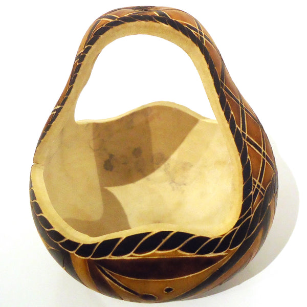 Carved gourd basket with geometrical pattern, available at Cerulean Arts.