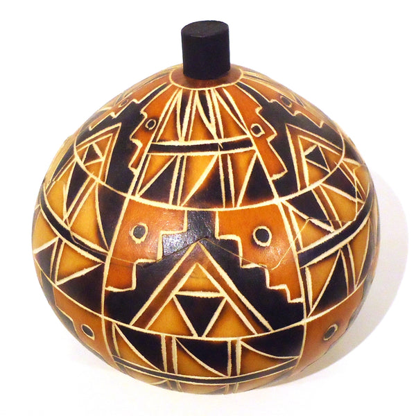 Carved gourd bowl with geometric design, available at Cerulean Arts.