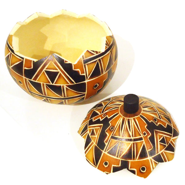 Carved gourd bowl with geometric design, available at Cerulean Arts.