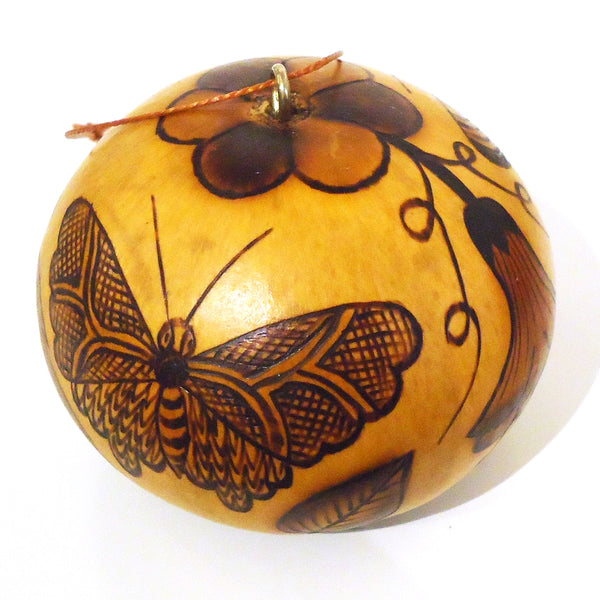 Gold gourd ornament with butterfly and flower nature design, available at Cerulean Arts.