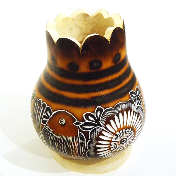 Carved gourd flower vase with bird and floral design, available at Cerulean Arts.