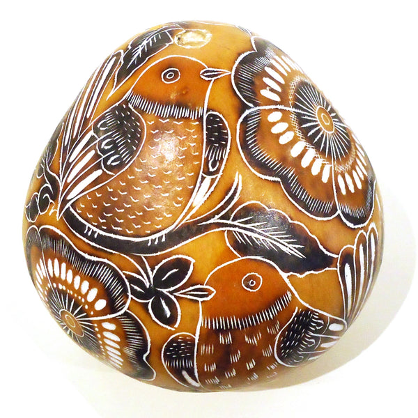 Carved gourd piggy bank with flowers and birds design in gold, available at Cerulean Arts.