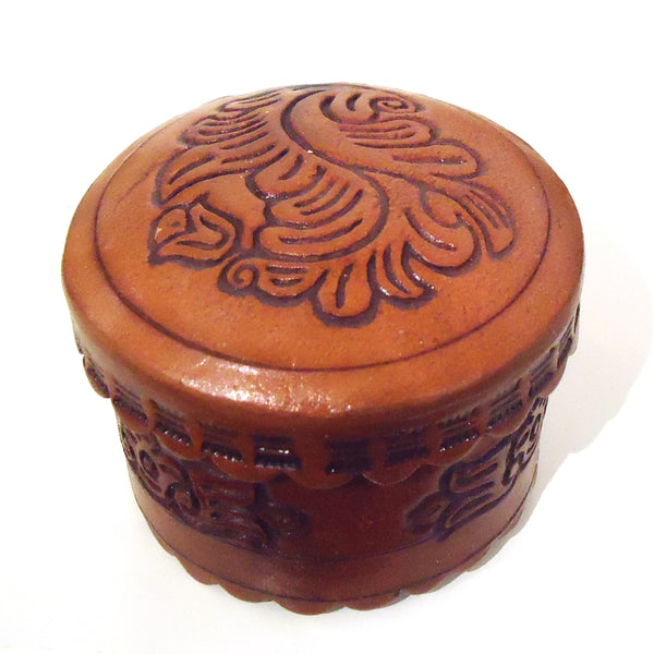 Leather trinket box with embossed pattern, available at Cerulean Arts.