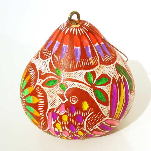 Finely carved gourd ornament with primavera wildlife design in multi-colors, available at Cerulean Arts.