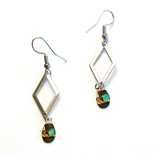 Stainless steel open diamond earrings with small teardrops hand painted with alcohol ink in black shades, available at Cerulean Arts.