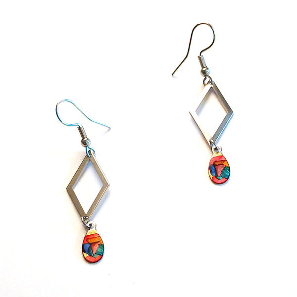 Stainless steel open diamond earrings with small teardrops hand painted with alcohol ink in red shades, available at Cerulean Arts.