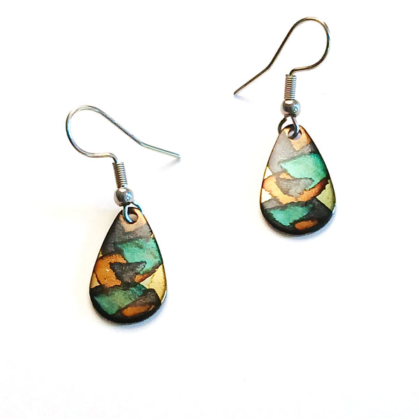 Stainless steel teardrop earrings hand painted with alcohol ink in black shades, available at Cerulean Arts.