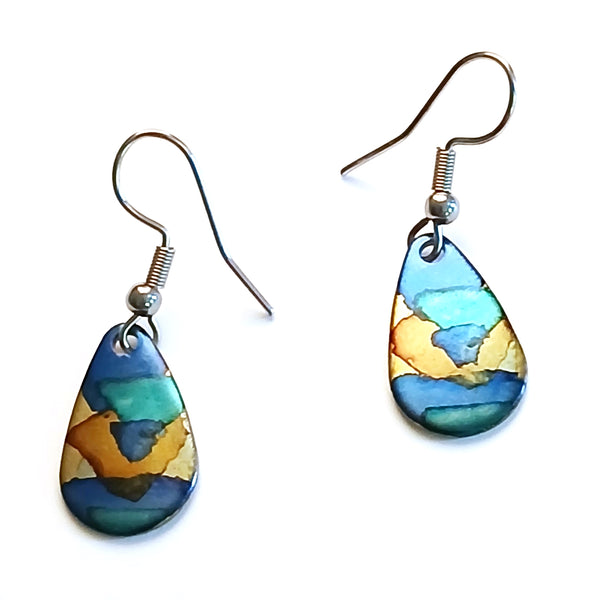 Stainless steel teardrop earrings hand painted with alcohol ink in blue shades, available at Cerulean Arts.