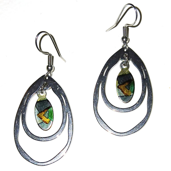 Pair of silver earrings with green and black accents 