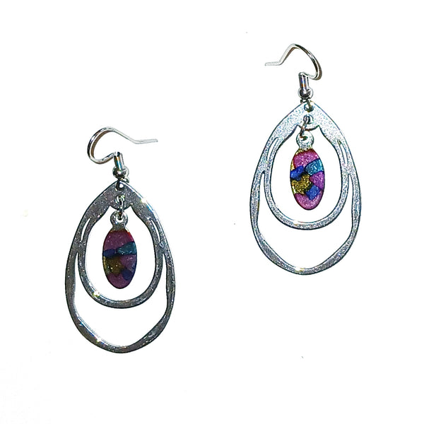 Silver hoop earrings with colorful ovals