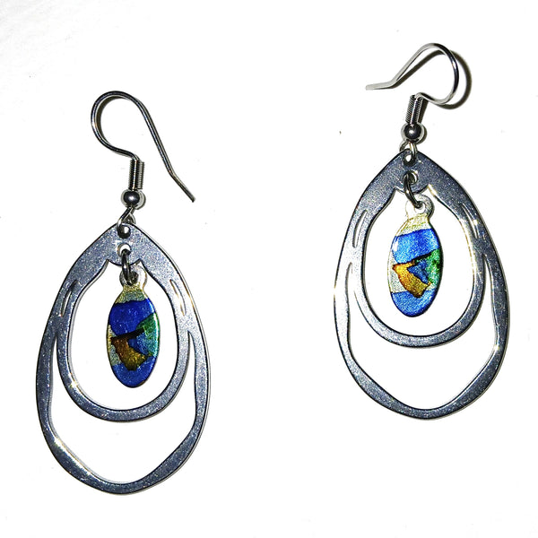 Silver earrings with colorful teardrop designs 