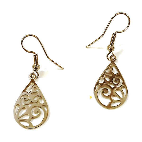 Stainless steel teardrop-shaped earrings with intricate designs 