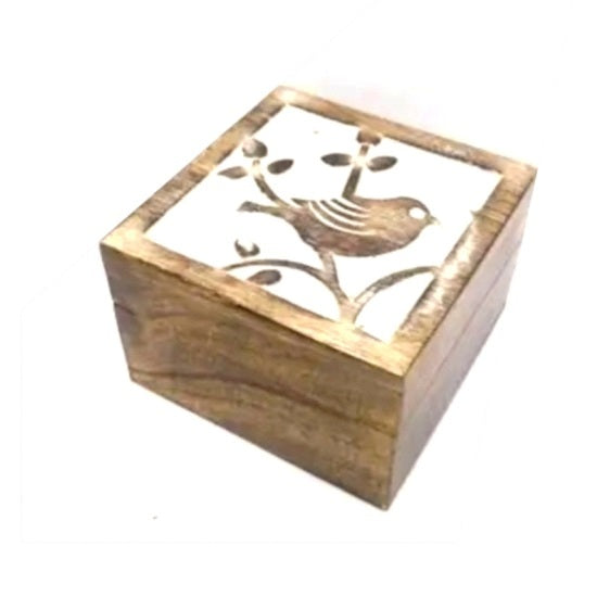 Carved mango wood box with white-washed bird design and hinged lid available at Cerulean Arts.